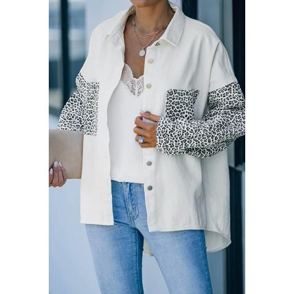 White Contrast Leopard Denim Jacket