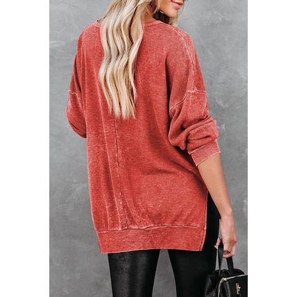 Waffle Knit Side Slit Pullover Top