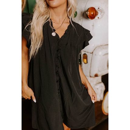 Black Ruffle Sleeve V Neck Frilled Shift Dress