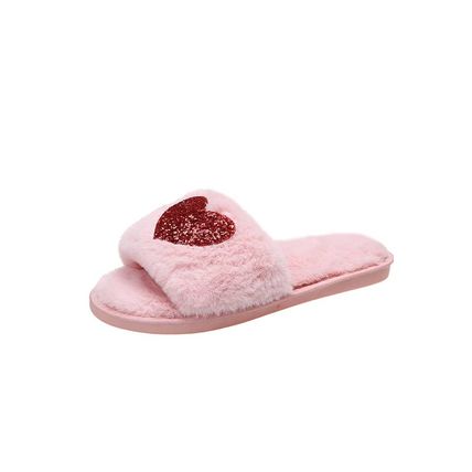 Pink Sequin Heart Shaped Slip On Plush Slippers