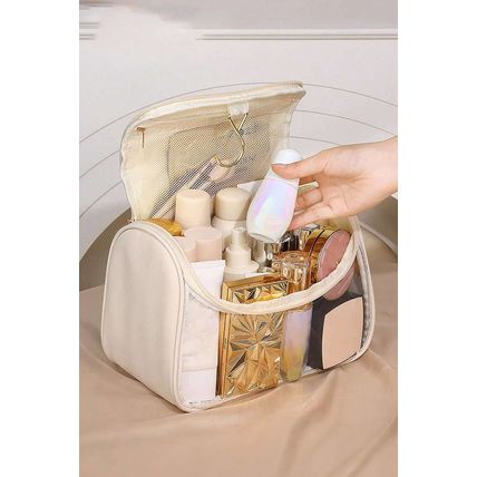 Beige TASTY Print Handle Inside Pocket Clear Makeup Bag