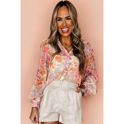 White Floral Print Collared Balloon Sleeve Loose Shirt