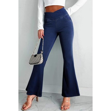 Dusk Blue Solid Crossed Waist High Elastic Fit Flare Knit Jeans