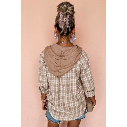 Khaki Checkered Print Loose Fit Buttoned Hooded Shacket