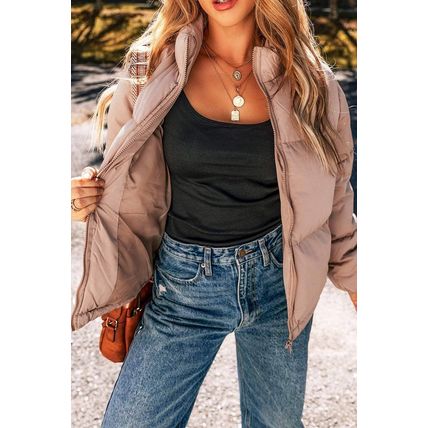 Apricot Pink Full Zipper Quilted Puffer Jacket