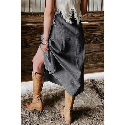 Dark Grey Fully Buttoned Long Denim Skirt