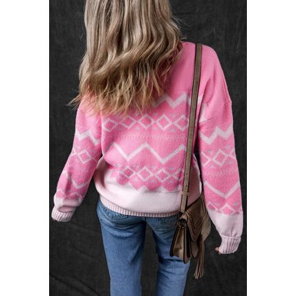 Pink Western Aztec Geometric Drop Shoulder Sweater