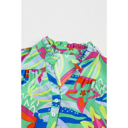 Green Abstract Printed Flounce Sleeve V Neck Buttoned Plus Size Blouse