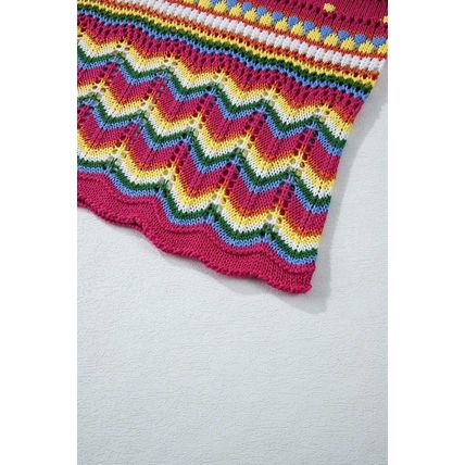 Rose Red Colorblock Striped Hollowed Knit Loose Sleeve Sweater