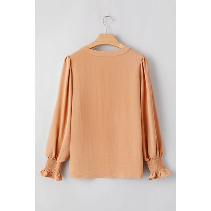 Straw Yellow Solid Color Shirred Cuff Notch V Neck Blouse