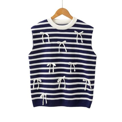 Blue Stripe Knitted Bow Decor Sweater Vest