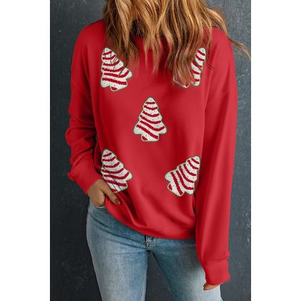 Red Playful Christmas Tree Patched Dropped Shoulder Sweatshirt