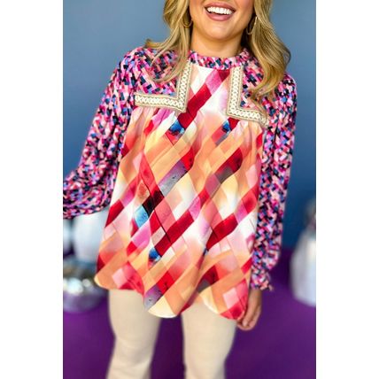 Rose Red Abstract Geometric Pattern Patchwork Puff Sleeve Blouse