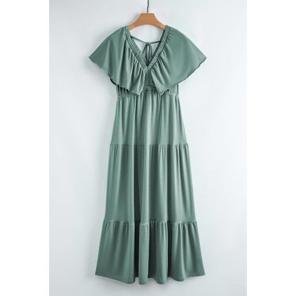 Green Textured V Neck Flutter Sleeve Ruffled Maxi Dress