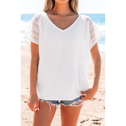 White Lace Crochet Textured Button Back V Neck T Shirt