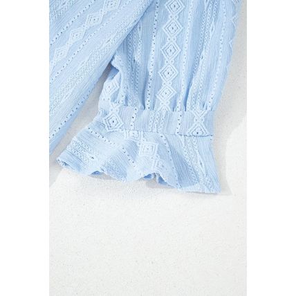Beau Blue Jacquard Texture Flared Short Sleeve Notched Neck Mini Dress