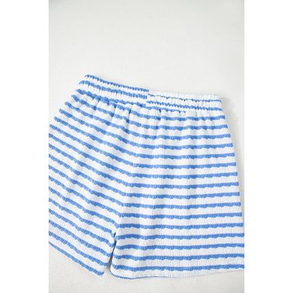 Sky Blue Stripe Knitted Short Sleeve Top and Drawstring Shorts Set