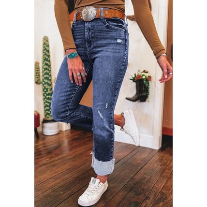 Real Teal Folded Cuffs Distressed Straight High Waist Jeans