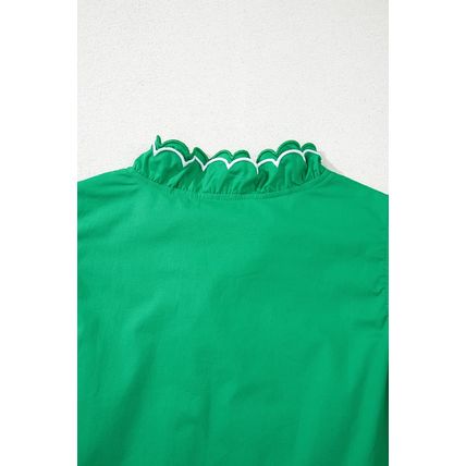 Bright Green Contrast Scallop Trim Layered Short Sleeve V Neck Blouse