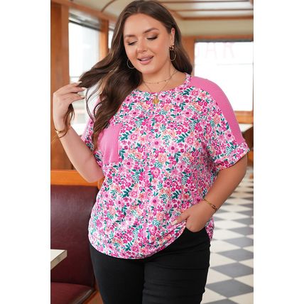 Pink Plus Size Floral Print Corded Patchwork Loose Top
