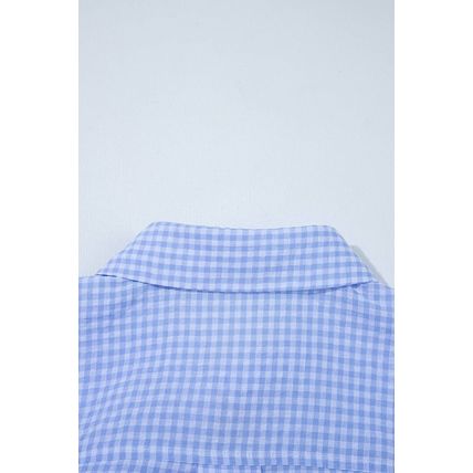 Light Blue Gingham Short Puff Sleeve Button Up Shirt