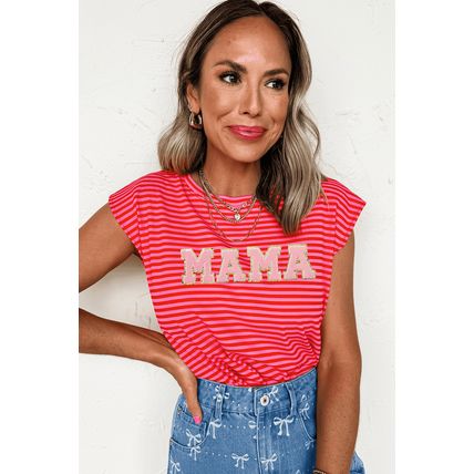 Red Stripe MAMA Graphic Cap Sleeve T Shirt