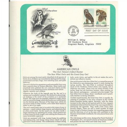 AMERICAN OWLS . Great Gray Owl ' OFFICIAL FIRST DAY of ISSUE ' (1978
