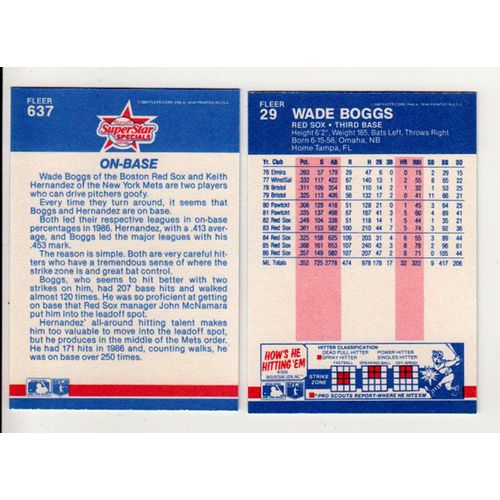 Two 1987 Fleer Wade Boggs baseball cards 29, 637 – NM –HOF- Red Sox