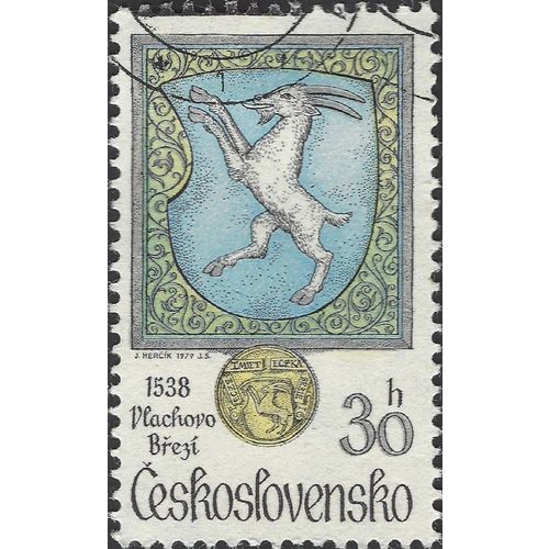 CZECHOSLOVAKIA, MAMMAL, Goat, City Arms of Vlachovo Brezi, blue 1979, 30h