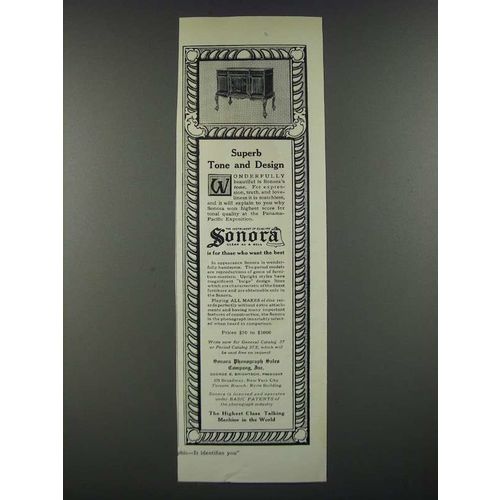 1919 Sonora Phonograph Ad - Superb Tone and Design