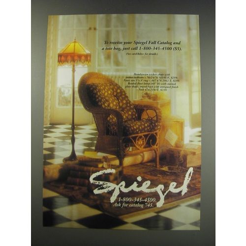 1991 Spiegel Ad - Handwoven Wicker Chair, Faux Soie Rug and Beaded Floor Lamp