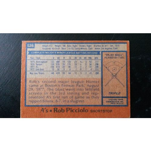 1978 Topps Card # 528 Rob Picciolo W/ Autograph Oakland Athletics