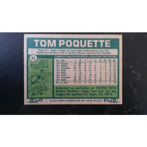 1977 Topps Card # 093 Tom Poquette Autograph 201609232358 Kansas City Royals