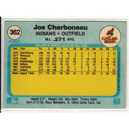 1982 Fleer baseball card 362 Joe Charboneau– Cleveland Indians