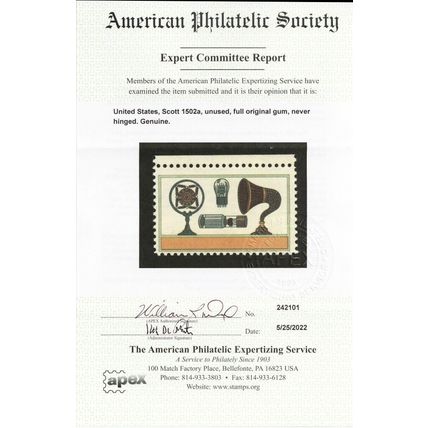 1502a, MNH 15¢ Black Color Omitted MAJOR ERROR APS Cert - Stuart Katz