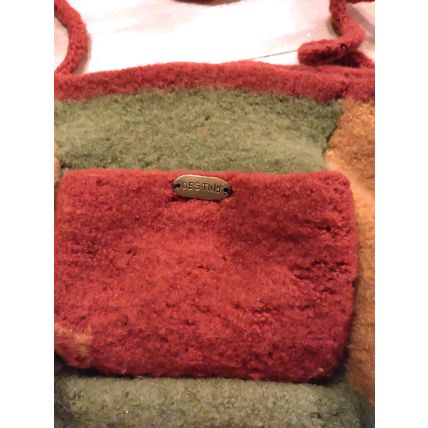Handmade Wool Bucket Handbag Double Straps Outside Pocket Orange Yellow Green