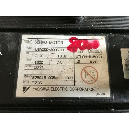 YASKAWA USAGED-30AS20E AC SERVO MOTOR,2.9 kW,RPM 1500,26A,UTMAH-B15ASB,SO