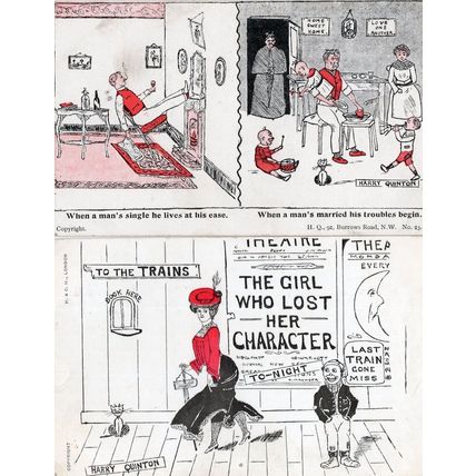 Married Mans Troubles Theatre Poster To Trains 2x Old Comic Postcard s