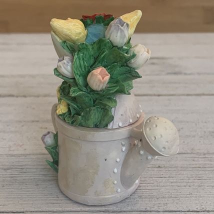 Vintage Bunny Rabbit Watering Can Lidded Trinket Box Tulips Roses Sun Bonnet Hat