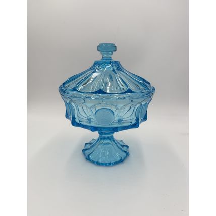 MCM Fostoria Coin Ice Blue Large Pedestal Compote w/Lid RARE 10"Art Glass