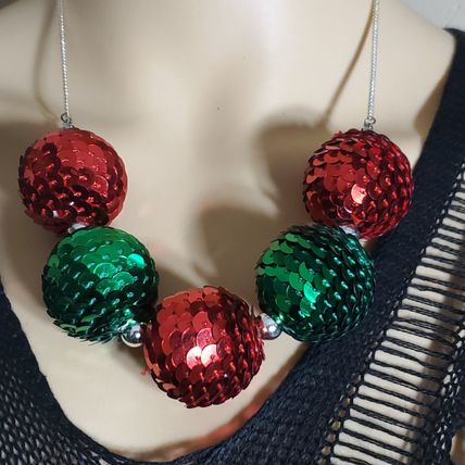 Sequin Christmas Ball Necklace - Vintage - Red, Green, Chunky Holiday Jewelry