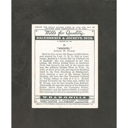 Cigarette Card Wills Racehorses and Jockeys 1938 #36 Rockfel