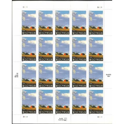 Wisconsin Statehood Sheet of Twenty 32 Cent Postage Stamps Scott 3206