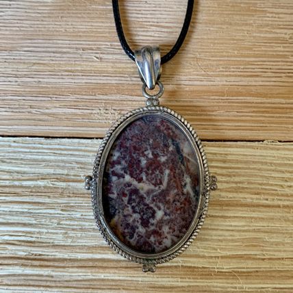 Red Brecciated Jasper Oval Pendant Necklace 925 Silver Adjustable Cord Chain 20"