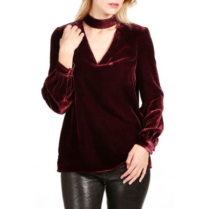 Biking Red Choker Neck Hollow-out Velvet Blouse
