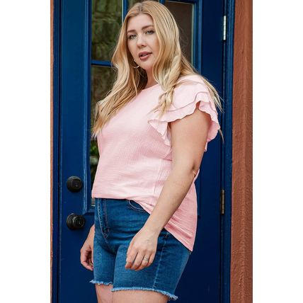 Light Pink Plus Size Crinkle Textured Ruffle Sleeve Top