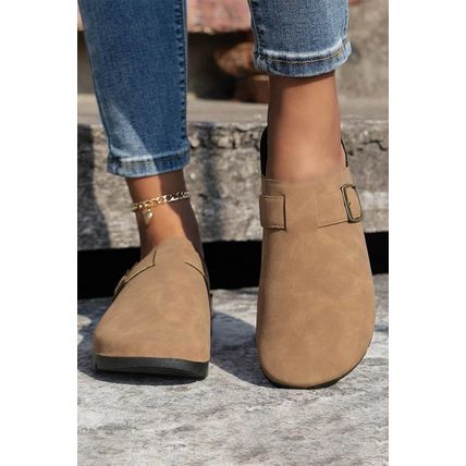 Light French Beige Suede Buckle Detail Slippers