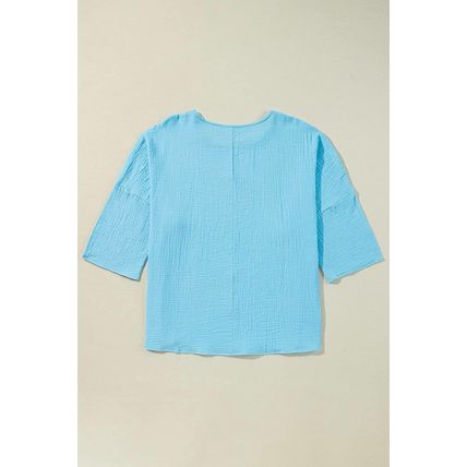 Aruba Blue Crinkled Bracelet Sleeve Flowy Blouse