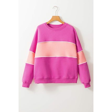 Sachet Pink Colorblock Patchwork Drop Shoulder Ribbed Trim Sweatshirt