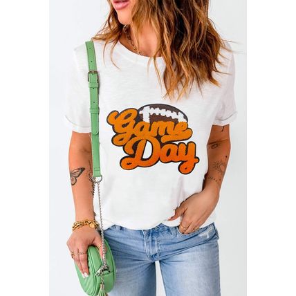 White Chenille Game Day Rugby Football Pattern Crewneck T Shirt